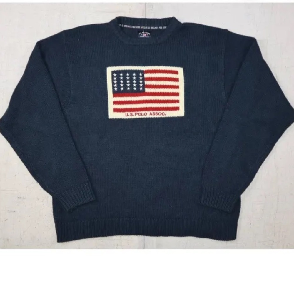 Vintage US Polo Mens Size XL Navy USA Flag Logo Wool Blend Crewneck Sweater